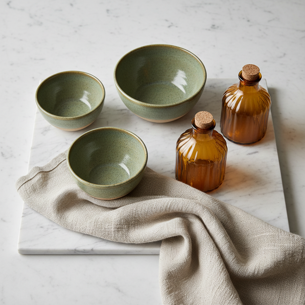 Ceramic bowls, amber bottles, and linen cloth arranged on marble for postpartum recovery