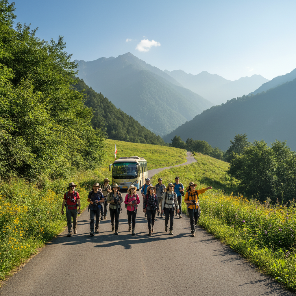Scenic road winding through lush green landscape during a guided tour on a clear day