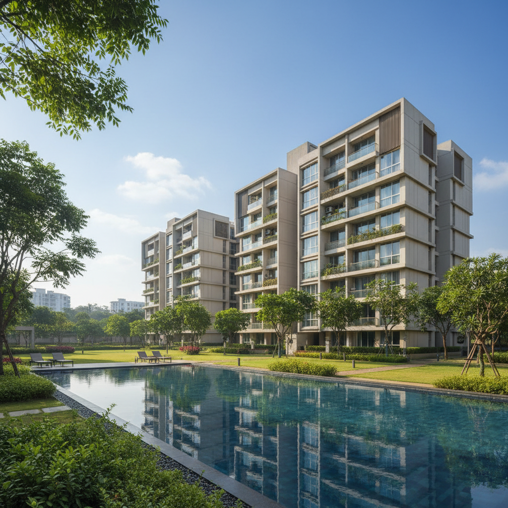 Luxury modern apartment building exterior with landscaped garden and blue sky
