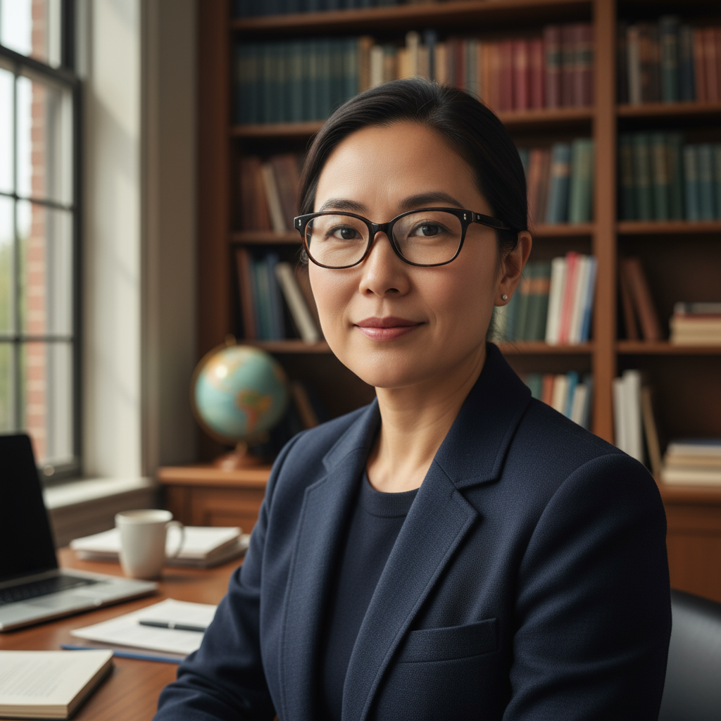 East Asian woman with glasses and professional appearance in academic office