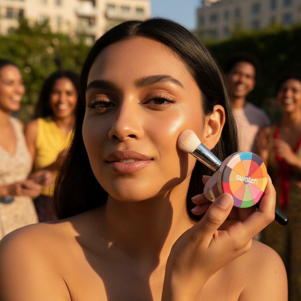 Person applying Swatch beauty product — warm skin glowing under golden hour light, reflecting brand's inclusive philosophy