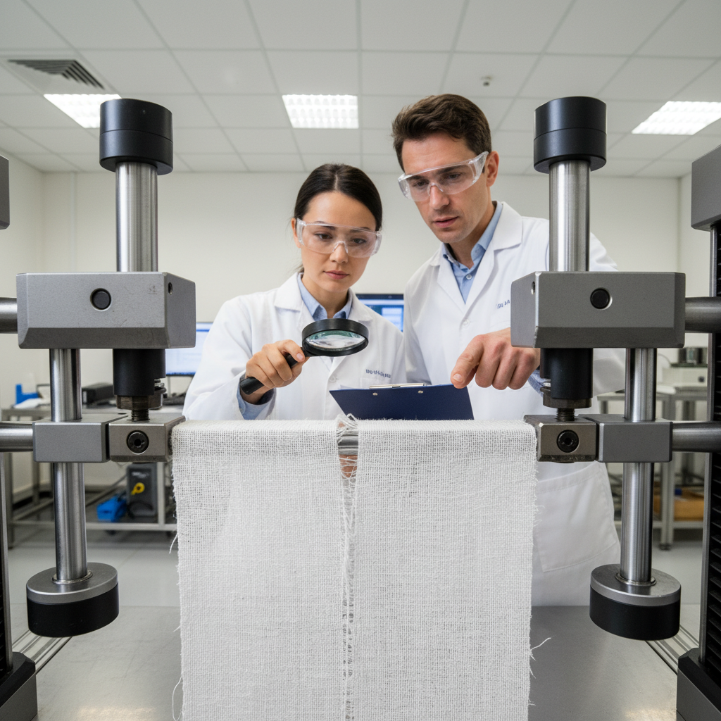 Quality control inspector examining fabric under bright laboratory lighting, textile testing equipment visible