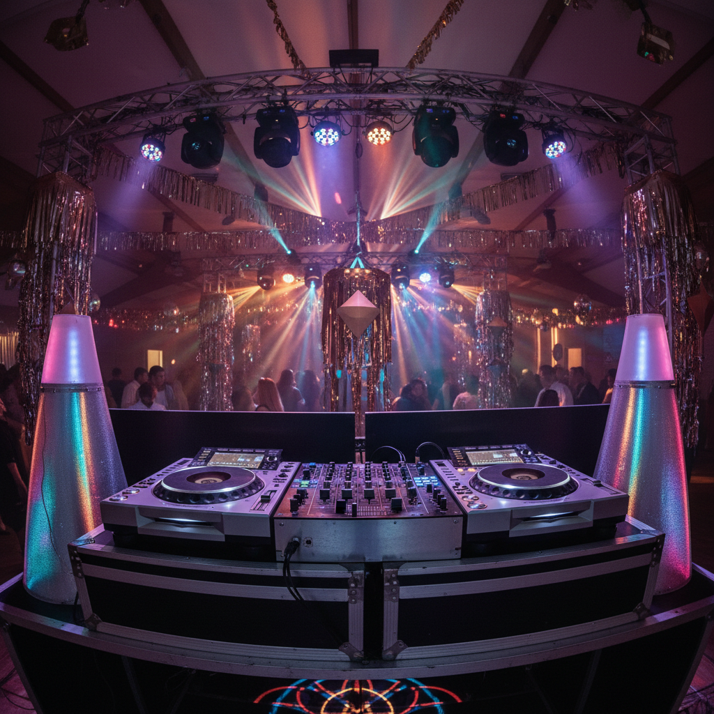 Party speaker setup with colourful lights, dark room, vibrant atmosphere, event setting