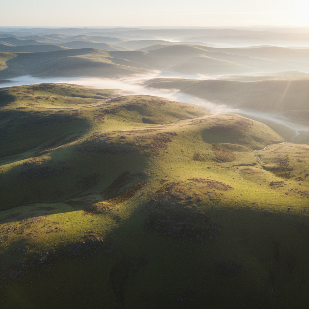 Aerial drone view of untouched hillside terrain with morning mist in valleys, showing raw land before resort development