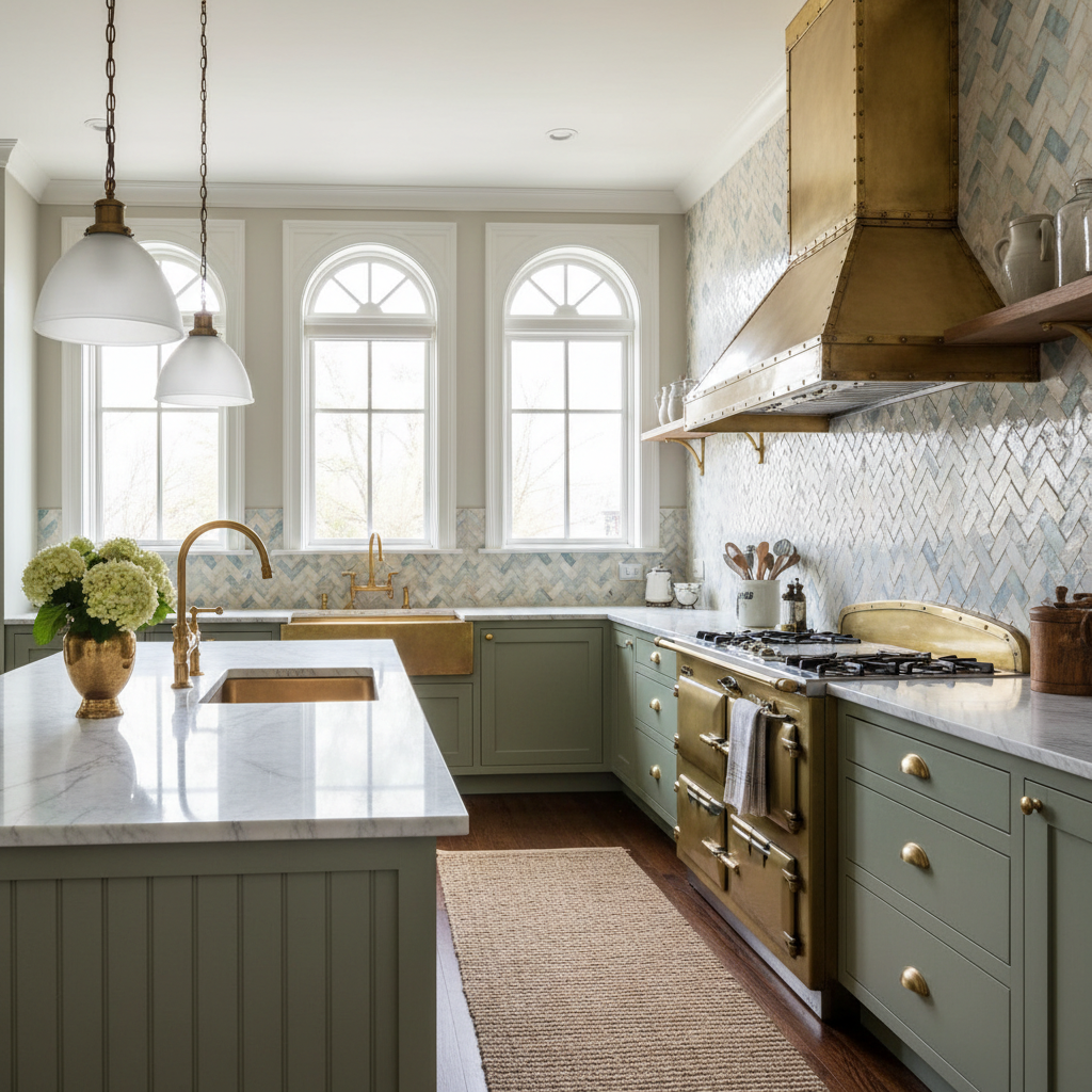 Renovated Victorian kitchen with hand-thrown tile backsplash and period-appropriate brass fixtures for the Fontaine project
