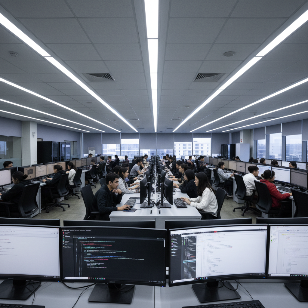 Students using computers in ICT lab, modern desktops, bright room, learning technology