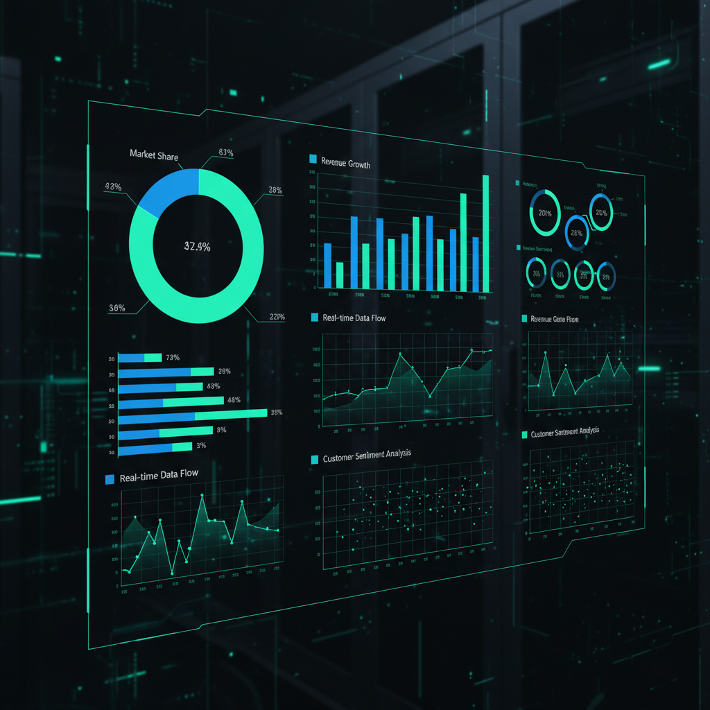 Data analytics dashboard with charts and graphs on dark background, bright data visualisation, well-lit screen interface