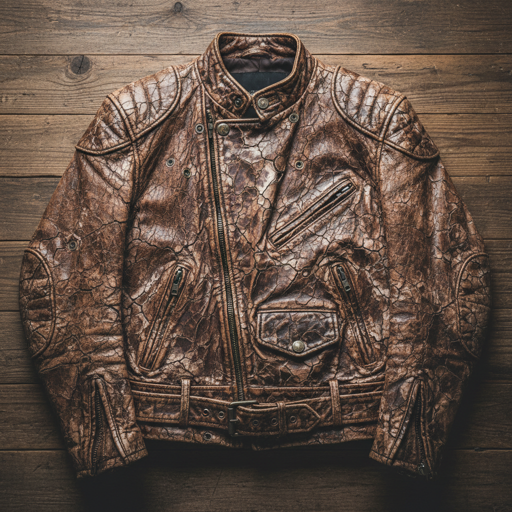 Vintage leather biker jacket with cracked surface, dried-out hide, and tarnished hardware