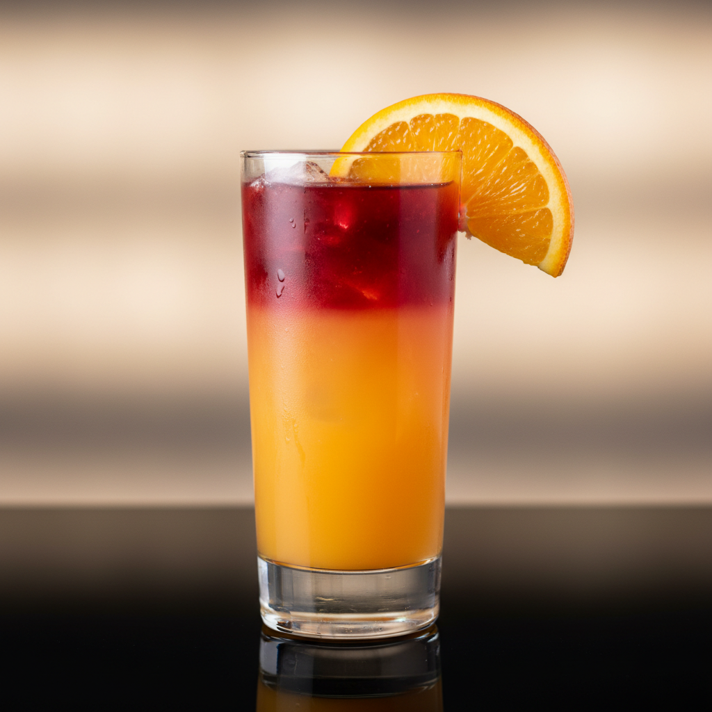 Sex on the Beach cocktail with orange and cranberry layers garnished with orange slice