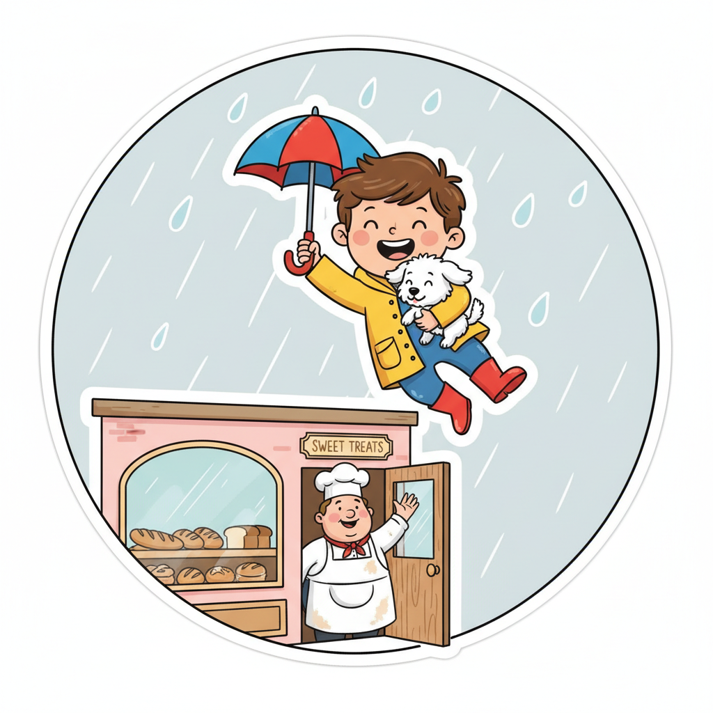 Cartoon boy flying in rain holding a puppy while a friendly baker waves from a bakery doorway
