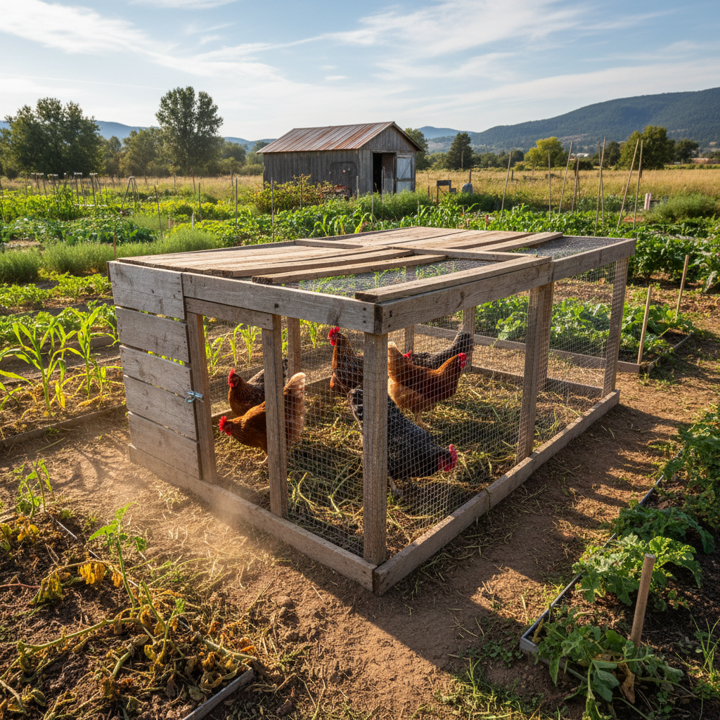Chicken tractor positioned over garden bed with hens scratching through spent crops