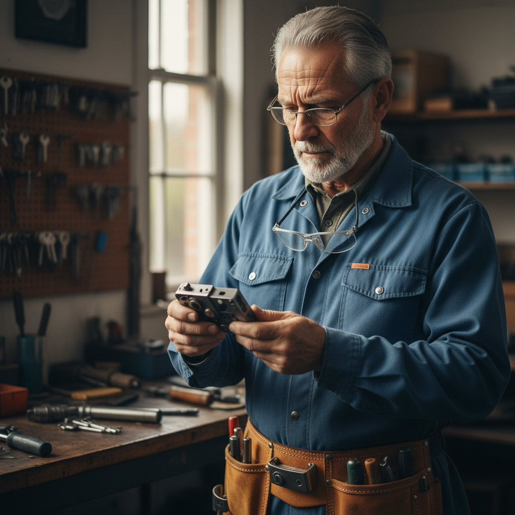 Tomasz Wiśniewski, senior locksmith technician, older gentleman, experienced look