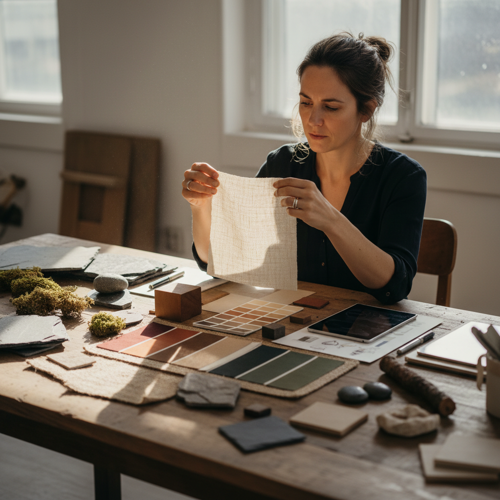 Fashion designer reviewing fabric swatches at a bright studio table, natural daylight, organized samples