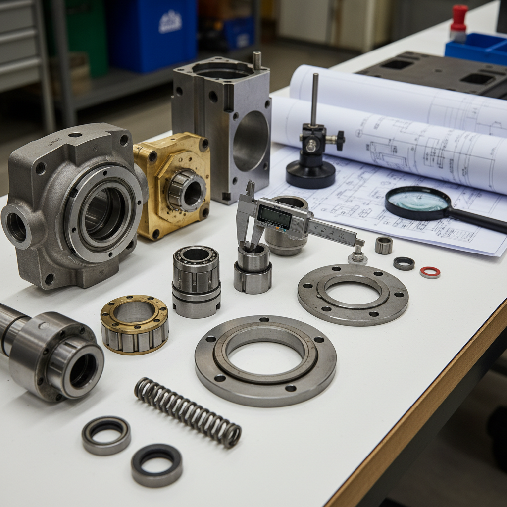 Hydraulic pump components laid out for inspection with measurement tools visible