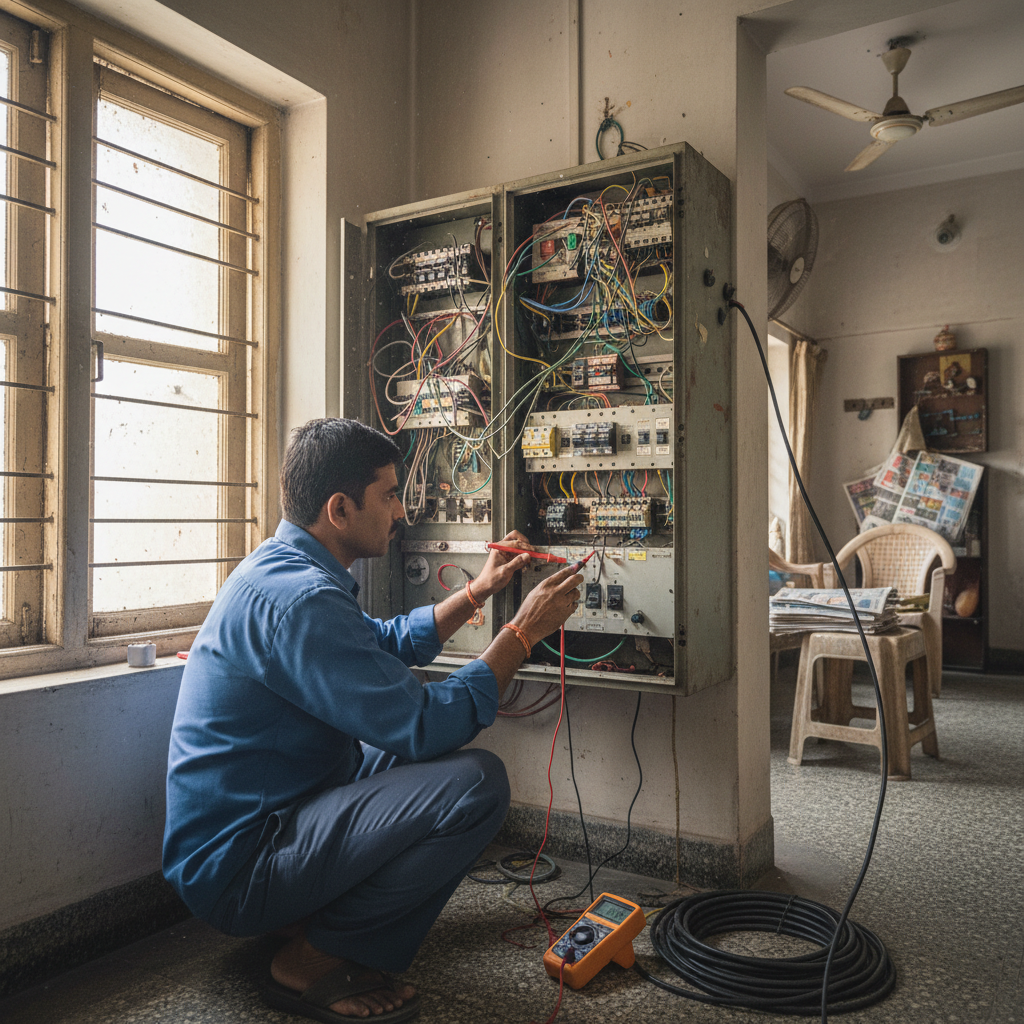 Sunil checking a switchboard with a voltmeter in a Mumbai apartment