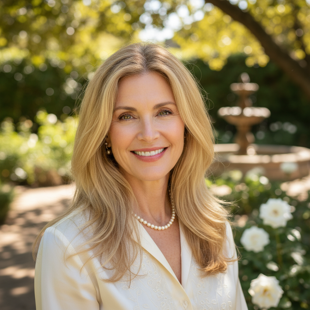 Elegant woman in her fifties with blond hair, warm smile, outdoor setting