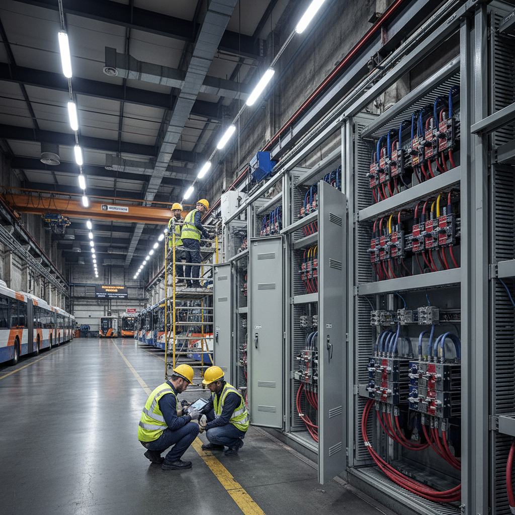 Engineers installing high voltage electrical switchgear inside a large government transport depot