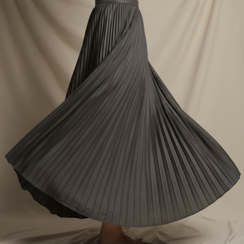 Pleated midi skirt in warm sand color, movement shot showing fabric drape, minimal studio setting