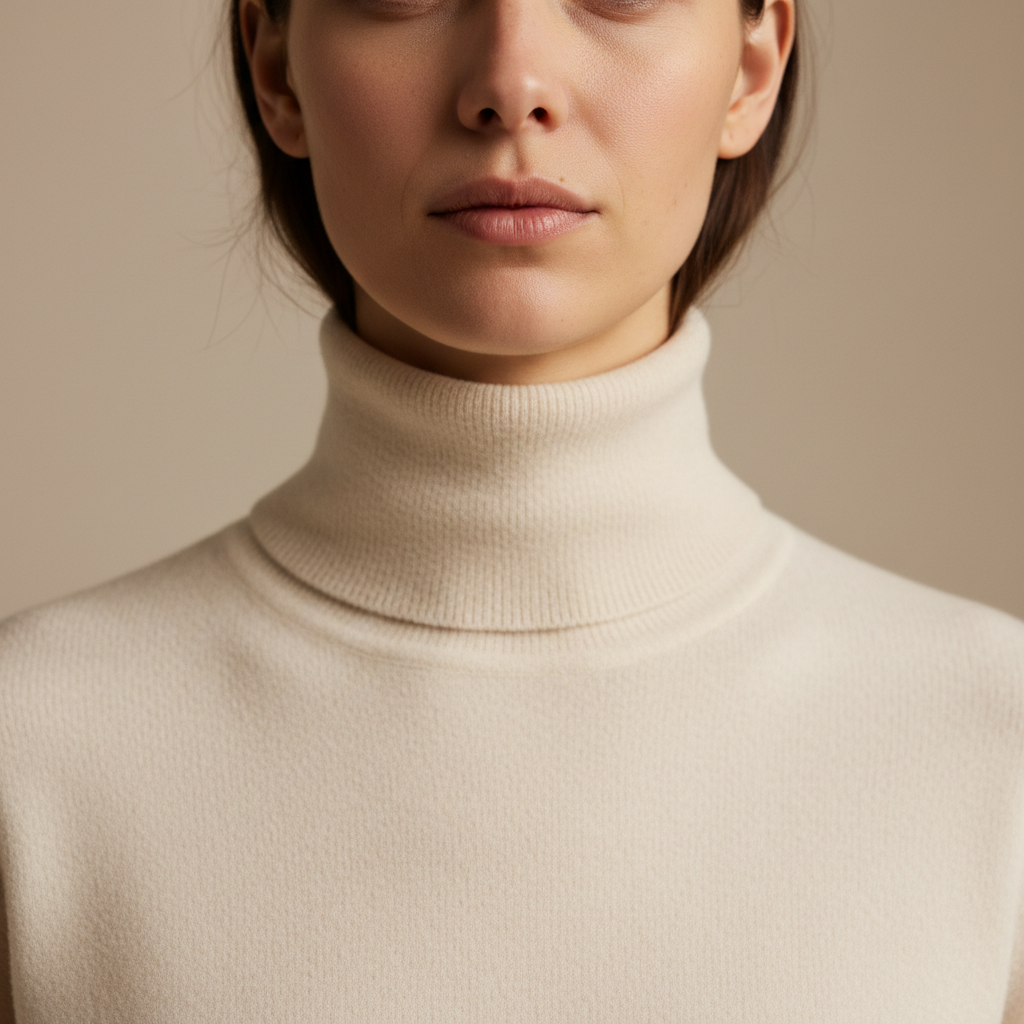 Cream cashmere turtleneck sweater folded neatly, warm studio lighting, luxury knitwear