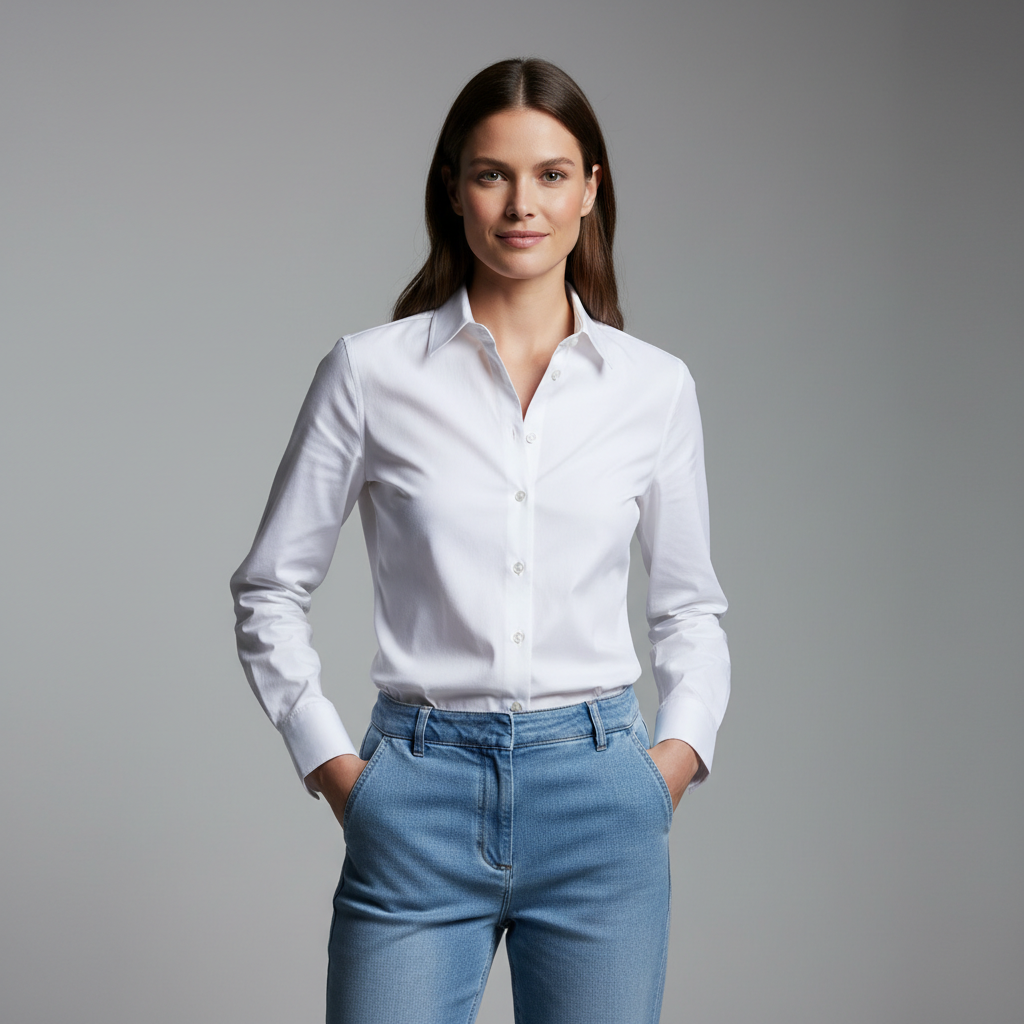 Oxford button-down shirt in crisp white, clean sharp styling, bright studio