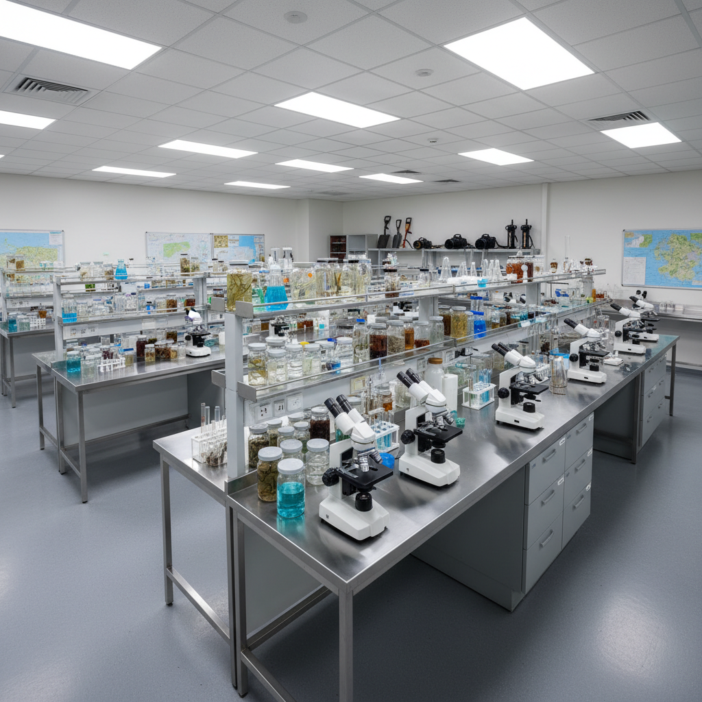 Research station laboratory with microscopes, specimen jars, and field equipment laid out on benches