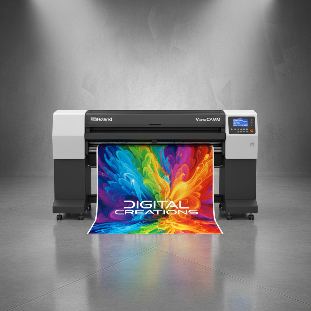 Wide-format Roland printer printing vibrant ink onto vinyl banner material in a print shop