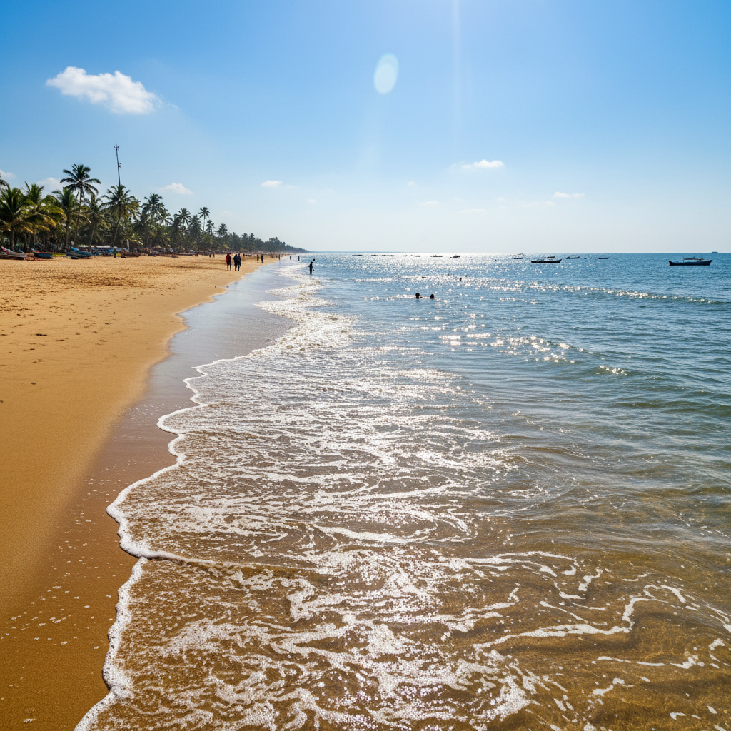 Goa beach, golden sand, turquoise water, palm trees, sunny afternoon
