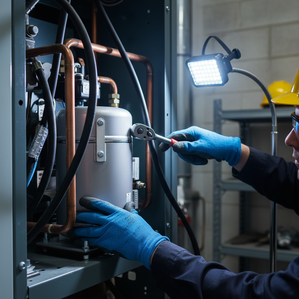HVAC technician installing a unit, close up of hands and tools
