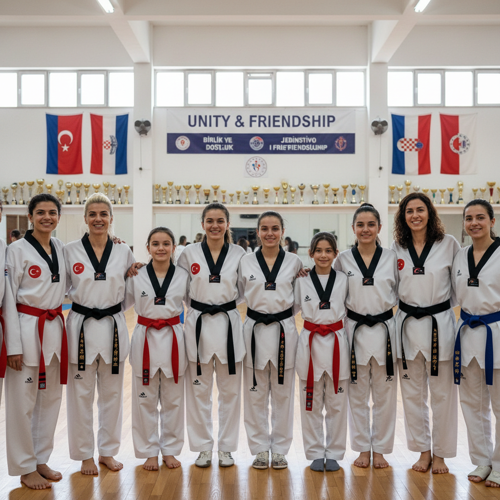 Group of Turkish and Croatian mothers and daughters in taekwondo uniforms standing together smiling in Zagreb training facility