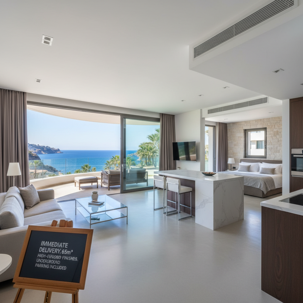 شقة حديثة بغرفة معيشة مفتوحة وإضاءة طبيعية مع إطلالة على البحر