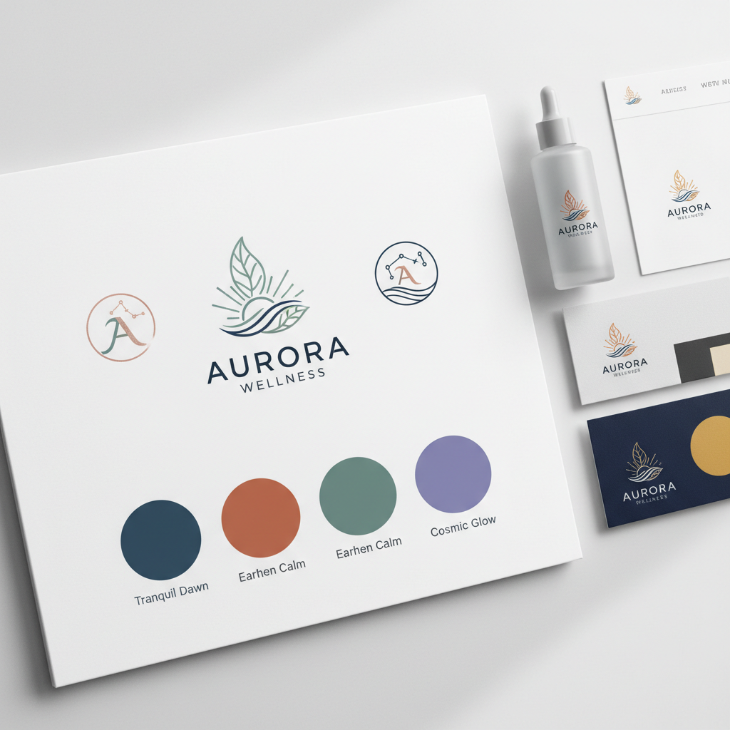 Brand identity design with logo sketches and color palettes