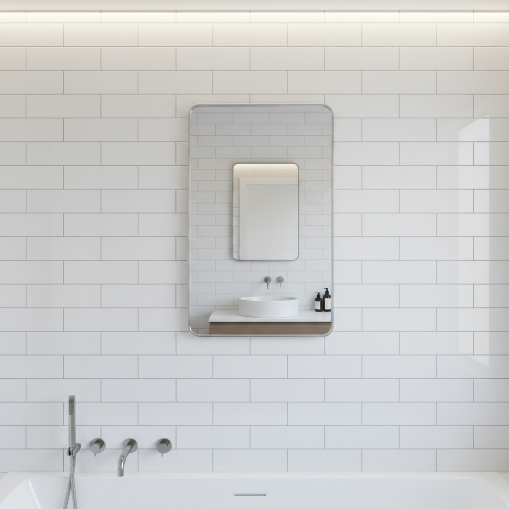Baño moderno con azulejos cerámicos esmaltados blancos de gran formato, iluminación empotrada y accesorios de diseño contemporáneo