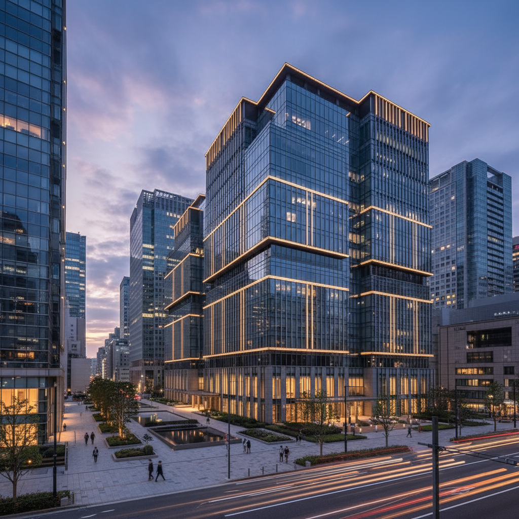 Modern bank headquarters glass building at night, illuminated, dark urban background, financial district