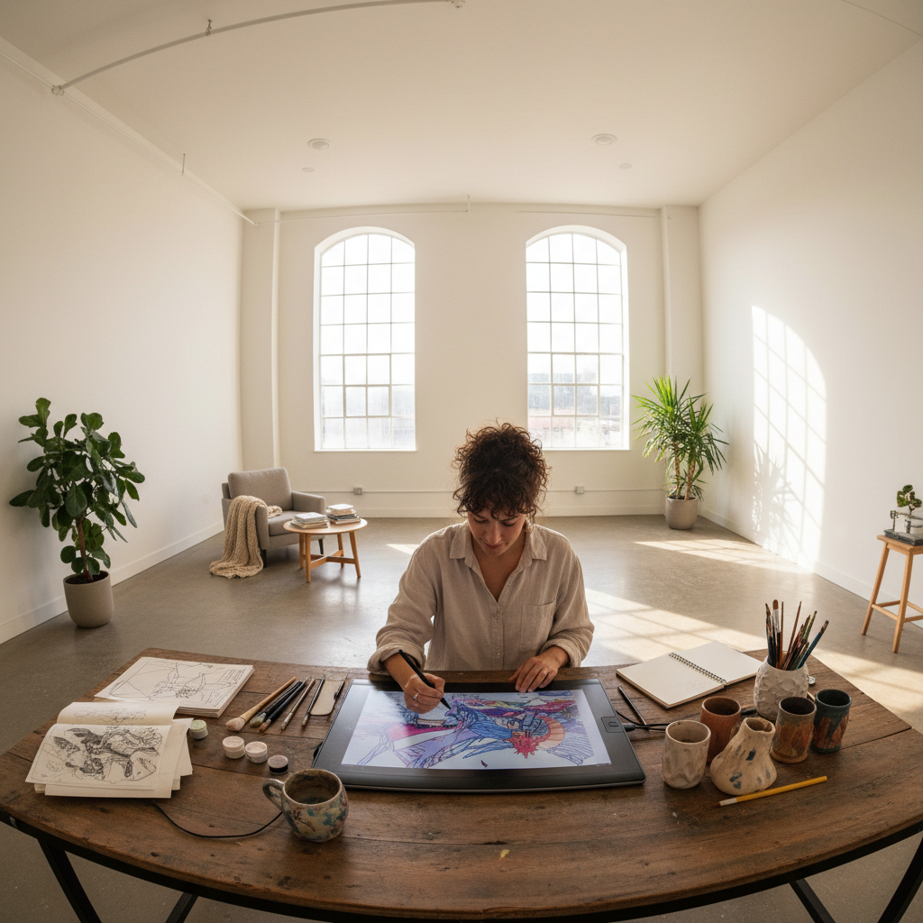 Bright studio with smartphone on white table showing app interface, clean airy environment