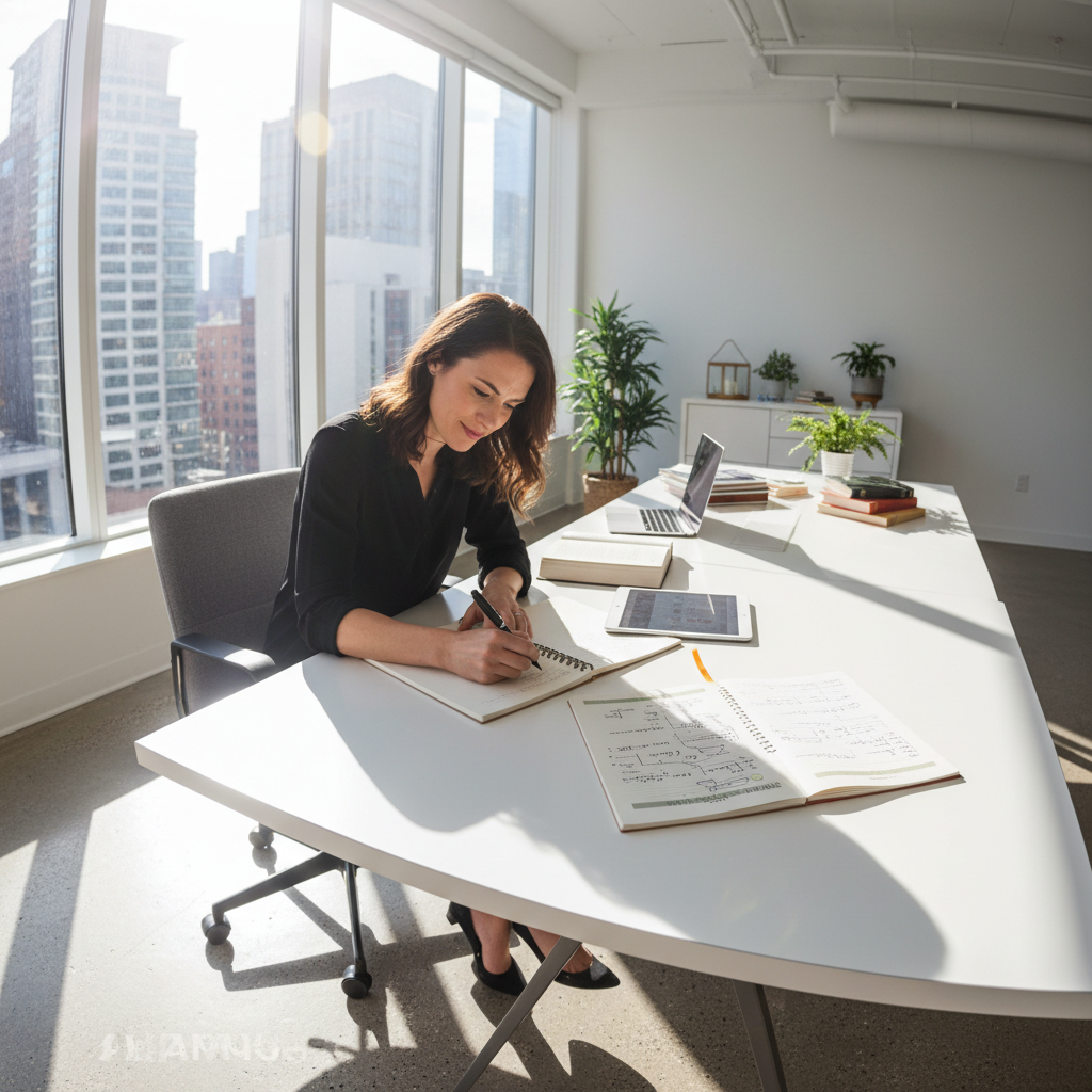 Person writing at a desk with notebooks and a laptop in a bright, well-lit home office