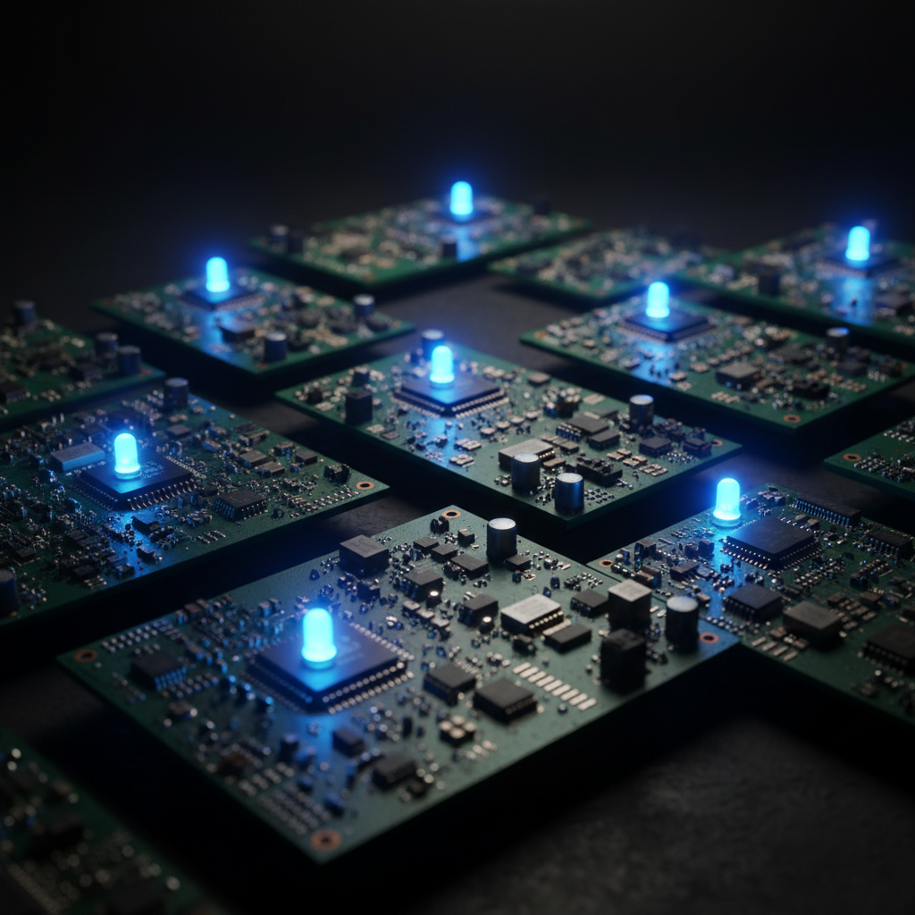 Futuristic dark product environment with deep black background and minimal cold-toned lighting