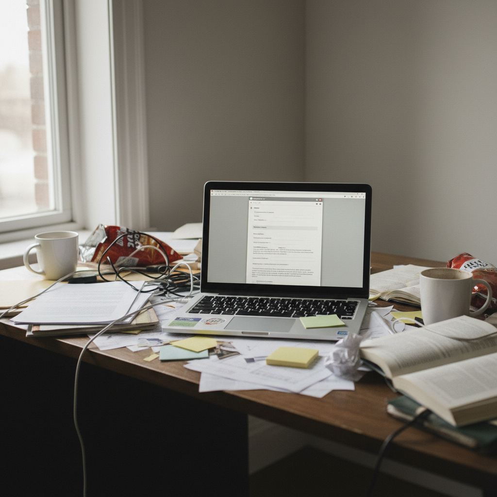 Cluttered desk with scattered papers, old laptop with word document open showing generic resume template