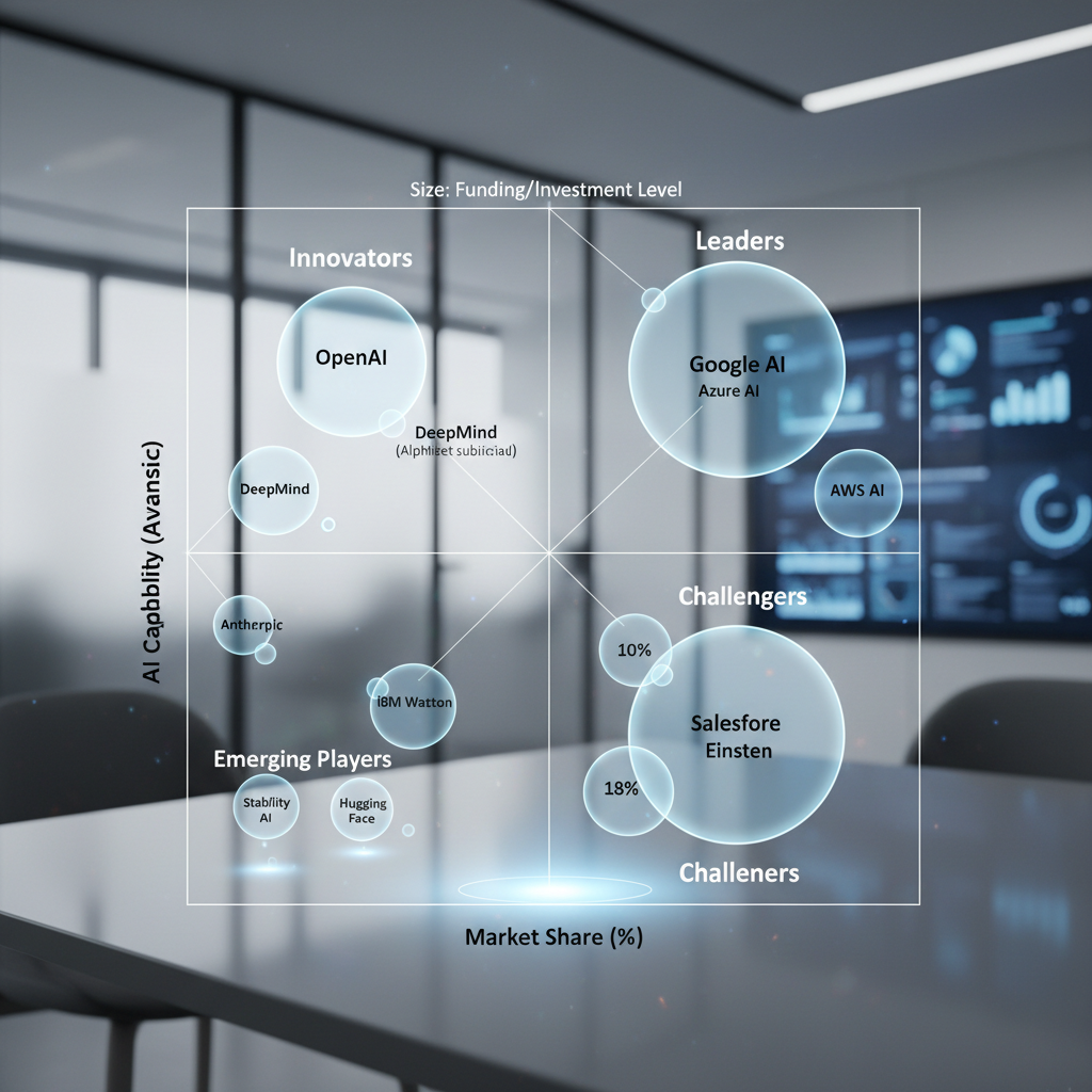 AI company competitive positioning map with capability and market share indicators