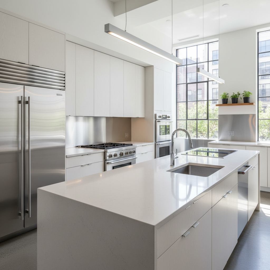 Shared kitchen with clean countertops, gas stove, storage cabinets, and well-organized cooking area with good lighting