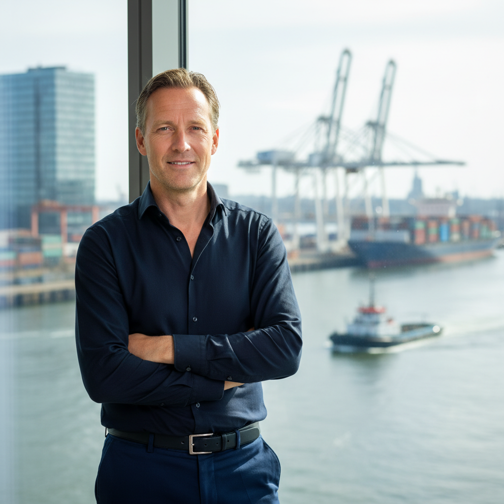 Dutch executive in casual navy, Rotterdam harbor visible through window behind him