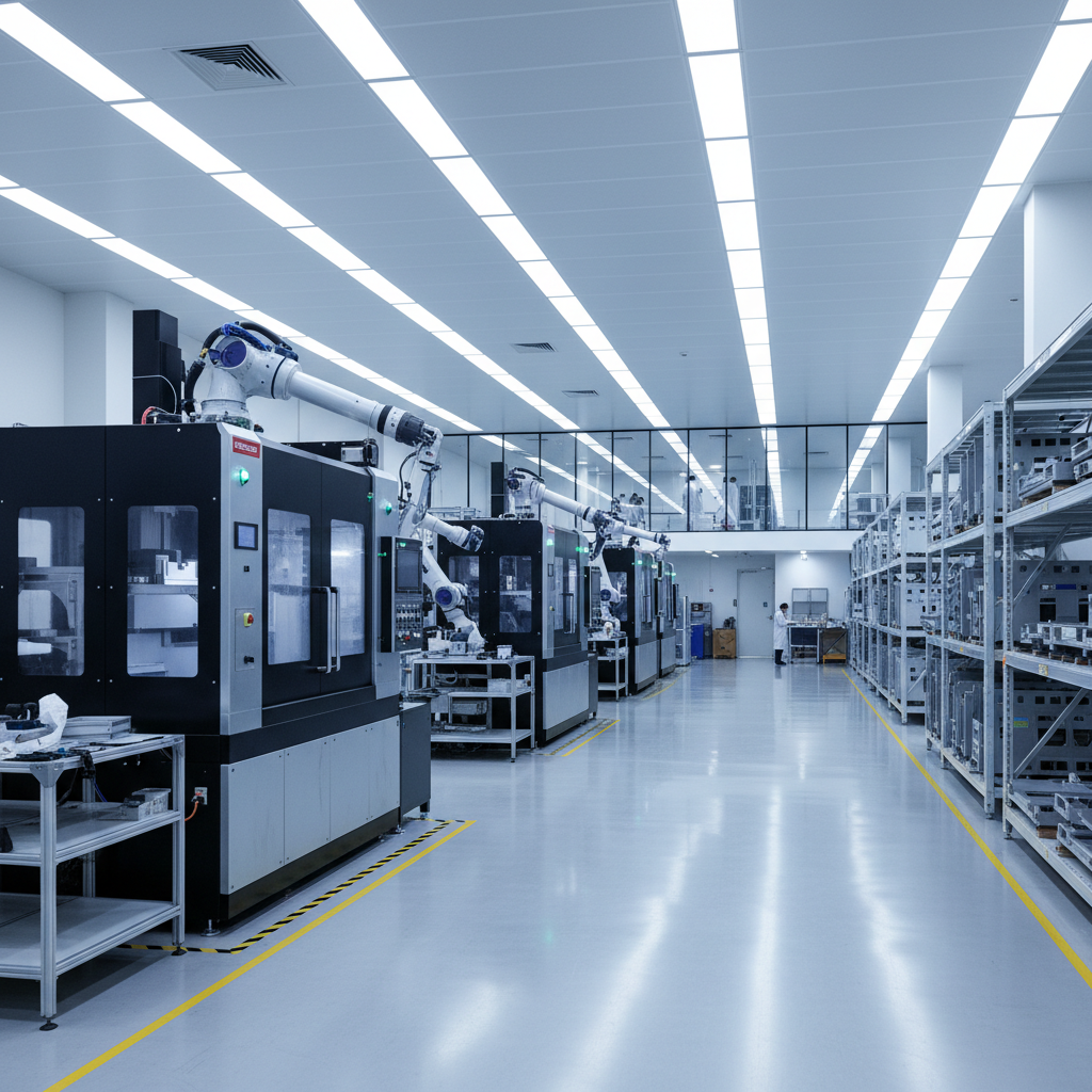 Bright industrial factory floor with robotic arms, well-lit production line, clean modern machinery