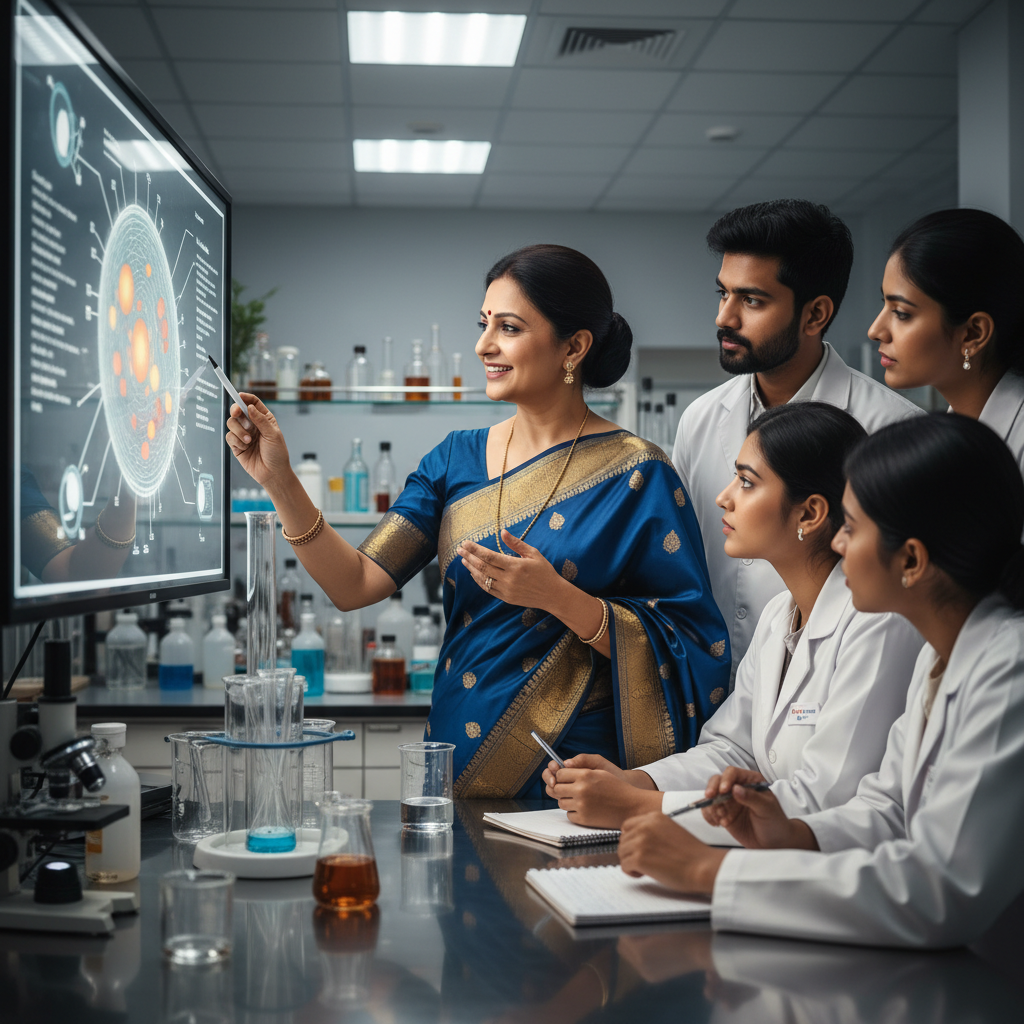 Indian female teacher in professional attire at chemistry lab with periodic table on wall, bright room
