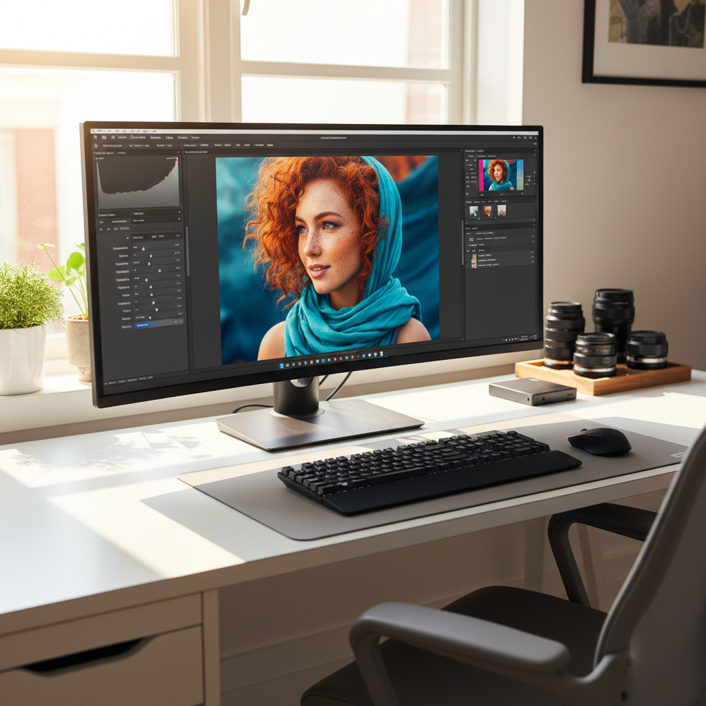 Professional photo retouching workspace with vibrant color-graded portrait on screen