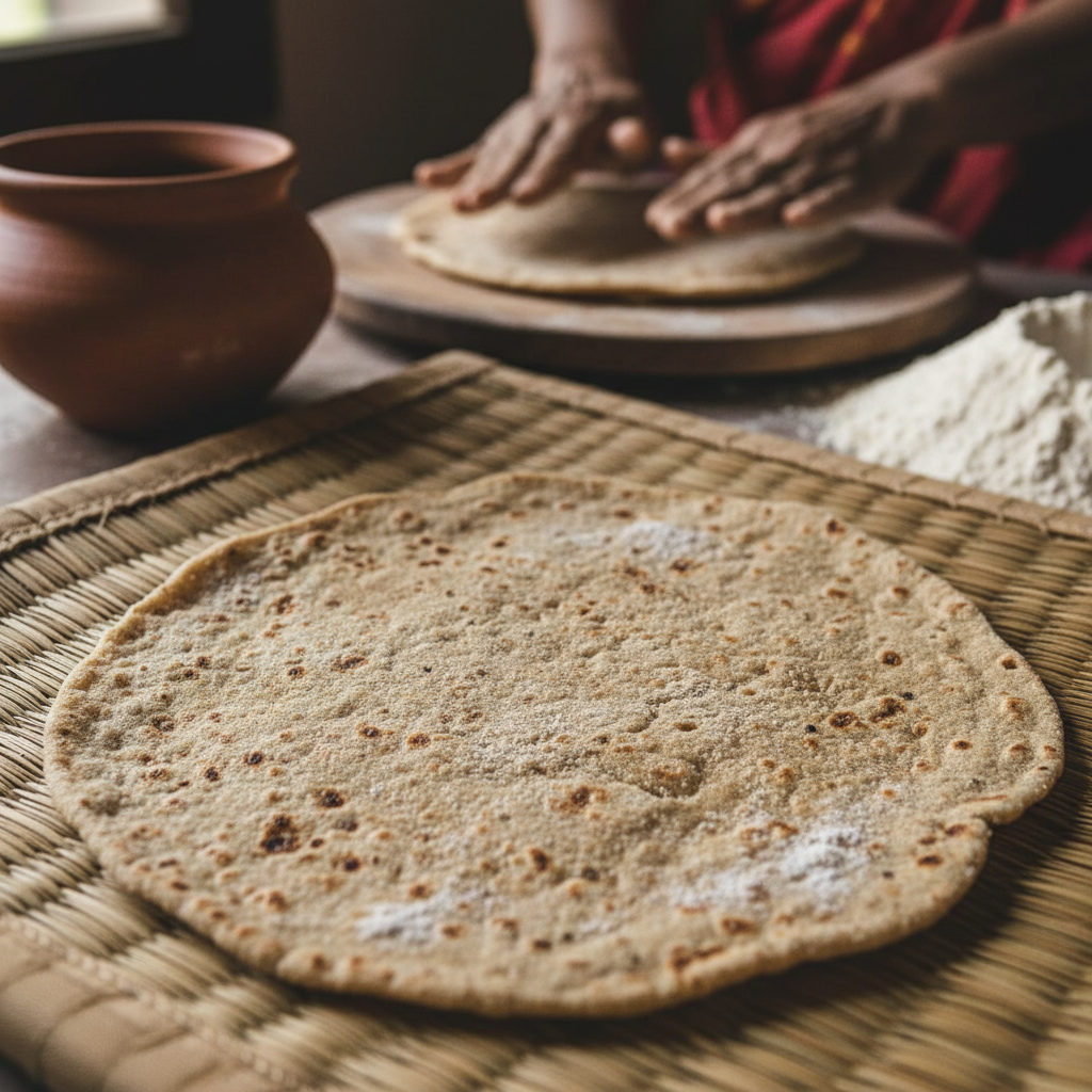 Hands tearing warm flatbread over a wooden board with scattered herbs
