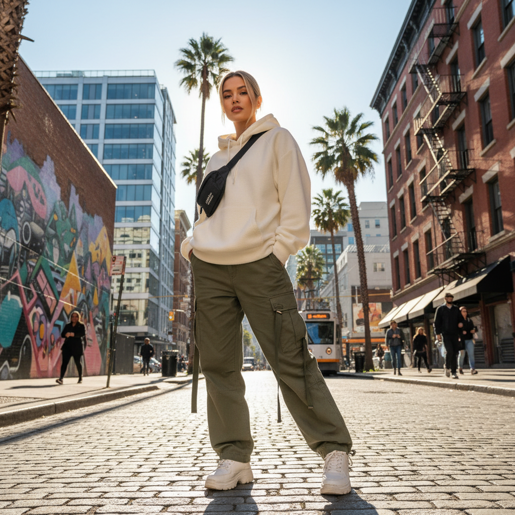 Streetwear full look with cargo pants and oversized jacket, street photography