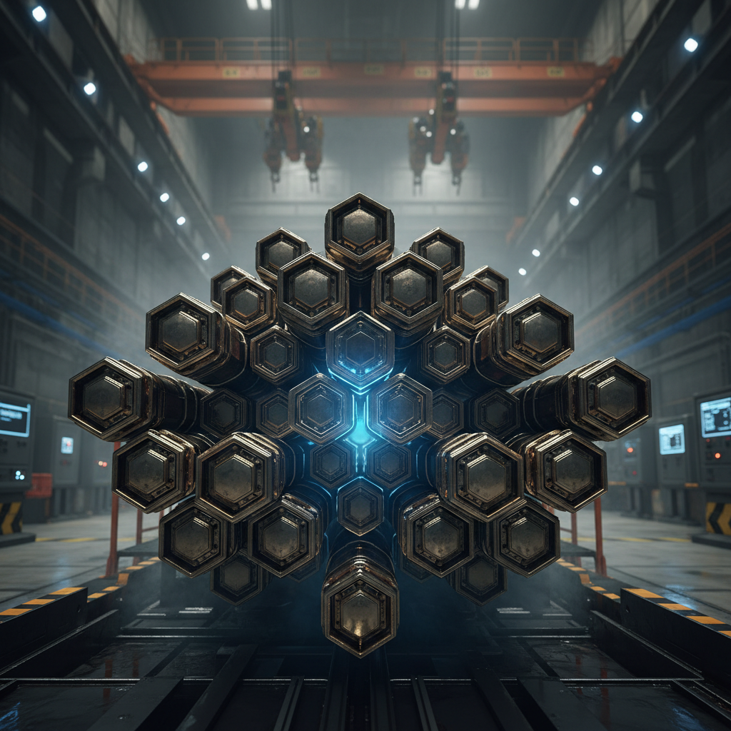 Nuclear reactor core glowing blue in dark water, dramatic industrial lighting, deep shadows, atmospheric