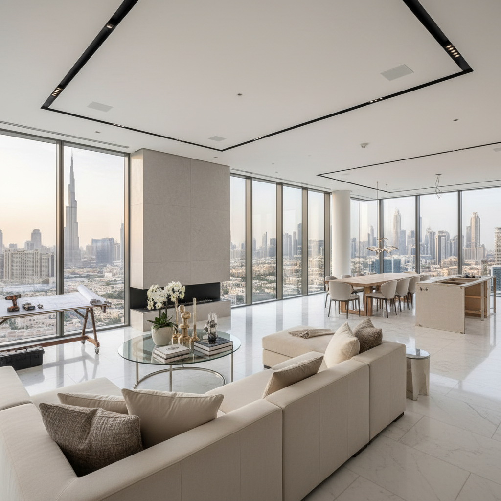 Modern penthouse interior with dramatic floor-to-ceiling curtains in neutral tones and city skyline views