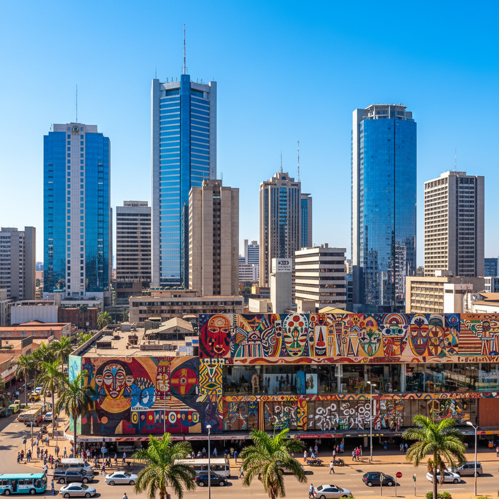 Harare city skyline with modern buildings and African art gallery on street level
