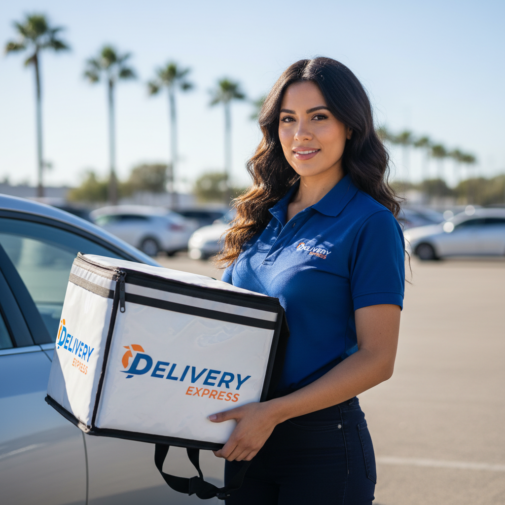 Latina woman holding a food delivery bag beside her car in a parking lot, looking at camera with a slight smile