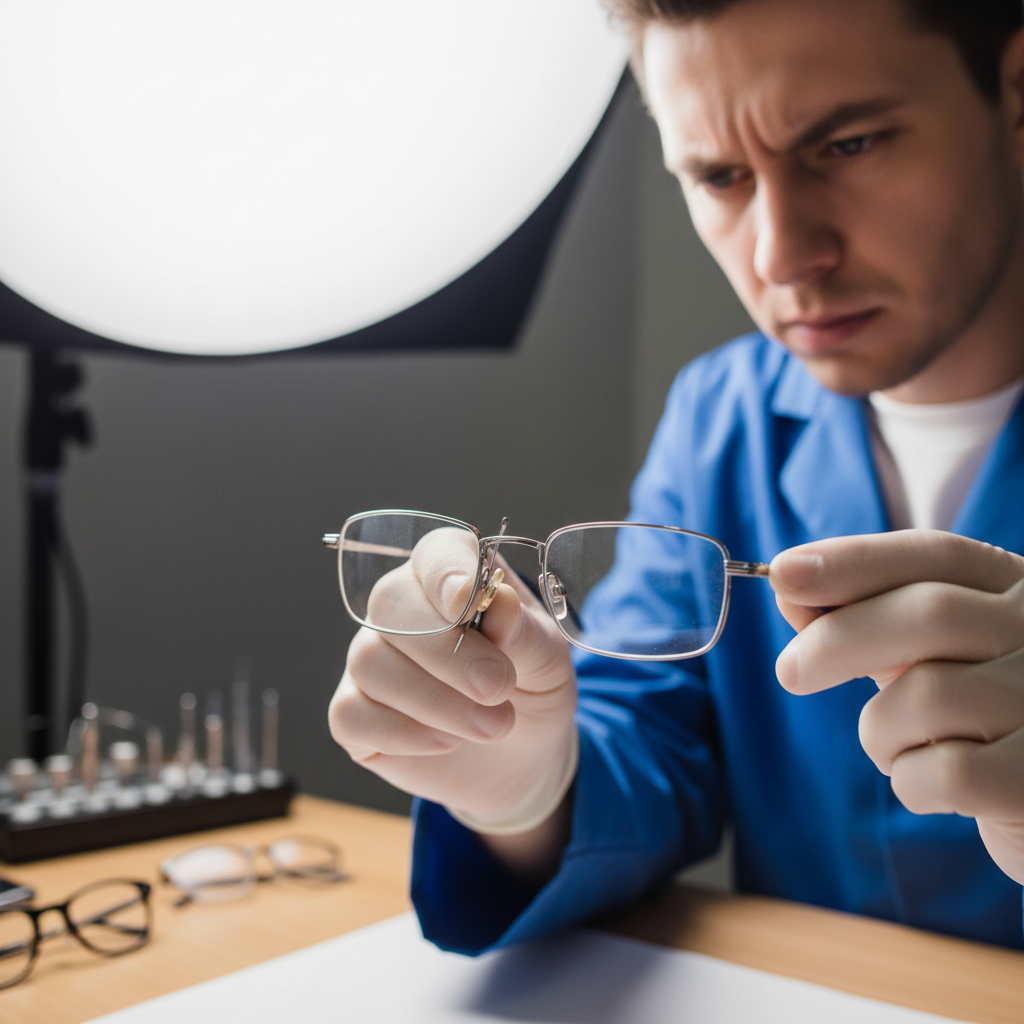 Optician carefully adjusting prescription glasses frames in a bright studio